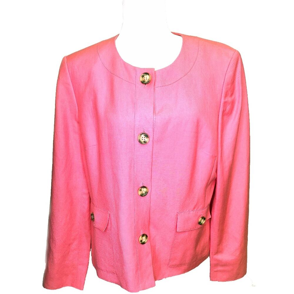 Evan Picone Pink Blazer Jacket Women's 14 Round Neck Gold Buttons Lined Pockets